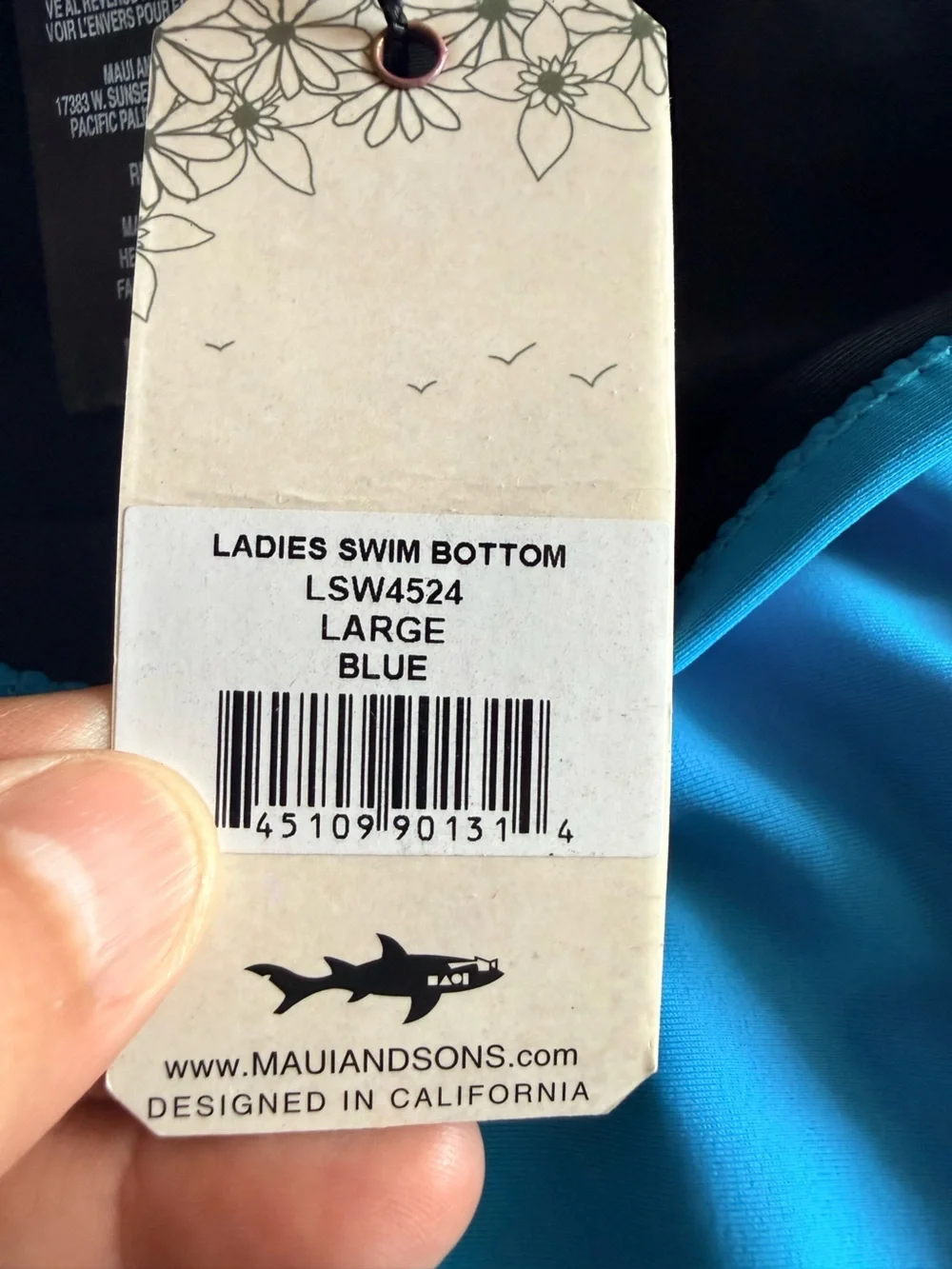 Maui and Sons Women’s Blue Swim Bottoms.  Size L